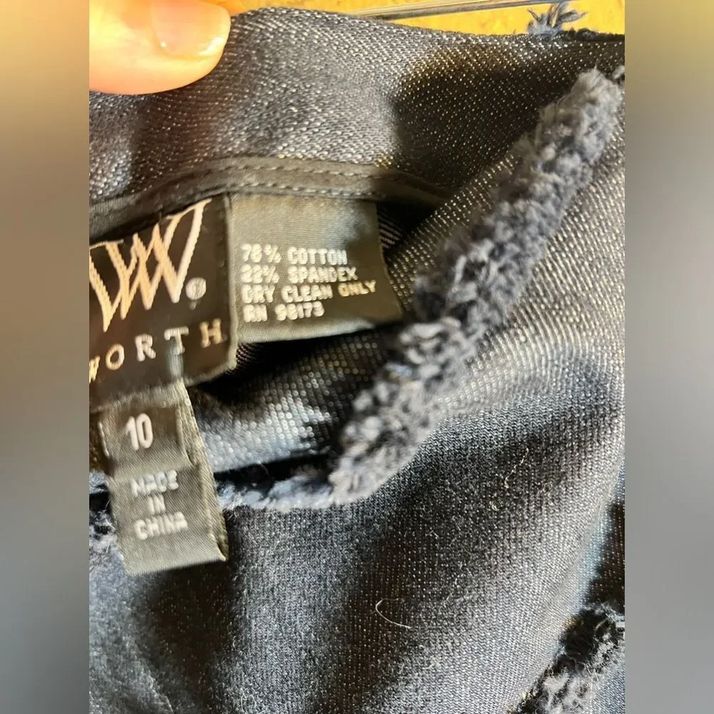 Denim skirt by WORTH w frayed diagonal detail, mini, excellent quality NWOT